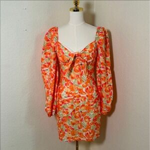 CIDER Orange Floral Print Sweetheart‎ Neckline Puff Sleeve Mini Dress Size L